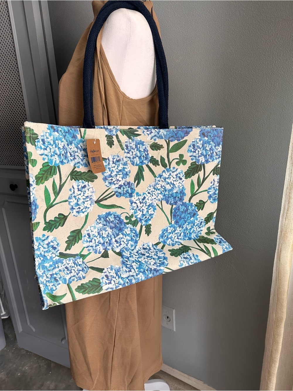 Canvas Hydrangea Tote Bag with Navy Handles
